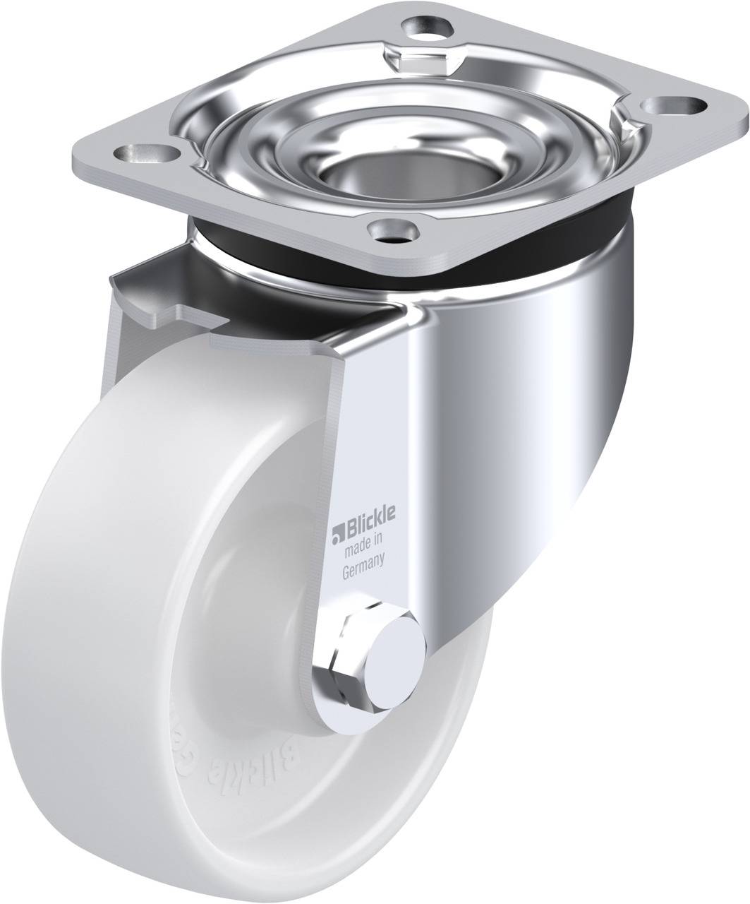 Ein weißes Rollenrad aus Metall, glänzend und robust, für Möbel oder Geräte, mit schwenkbarem Halter und Befestigungsplatte.