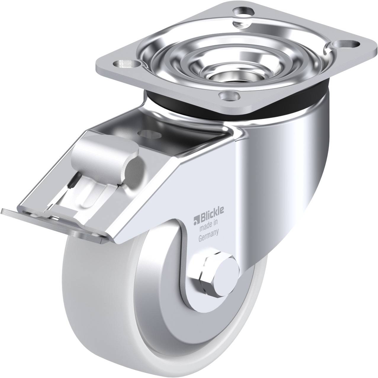 Schwenkrolle aus Metall mit grauem Gummirad und Feststellbremse, geeignet für Möbel oder Geräte. Glänzende Oberfläche, robustes Design.