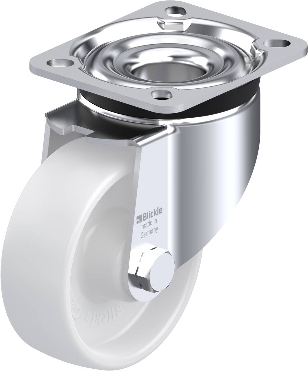 Robustes Lenkrolle aus Metall und Kunststoff, geeignet für den industriellen Einsatz. Markierung: 'Blickle'.