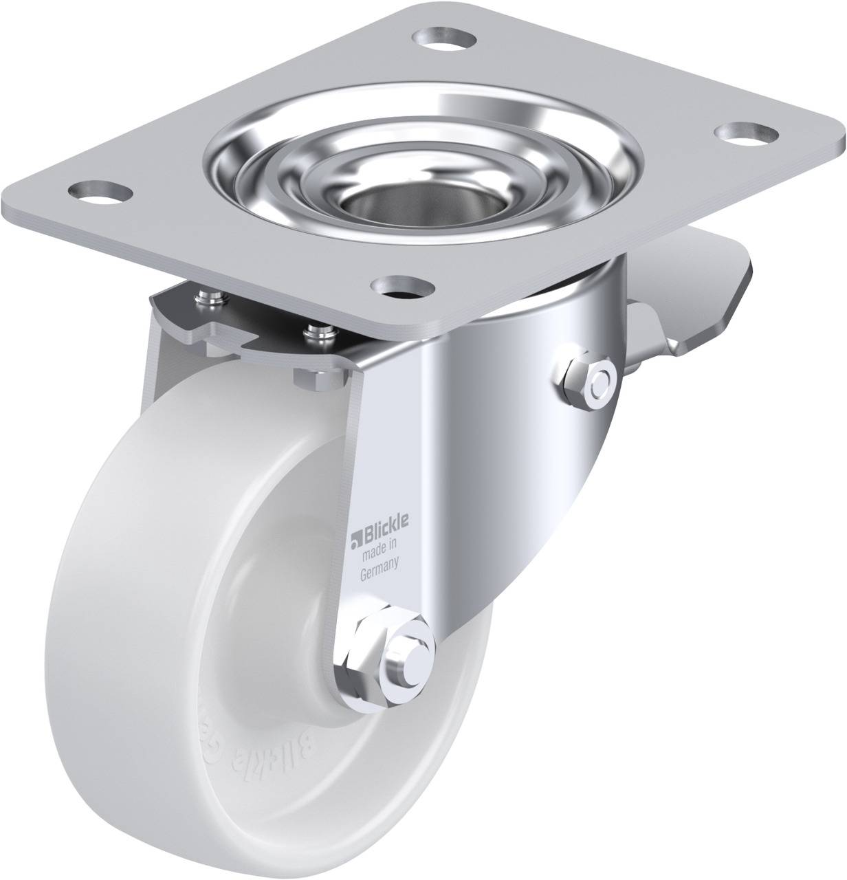 Eine einzelne, graue Lenkrolle mit Metallrahmen und Montageplatte, von der Seite gezeigt.