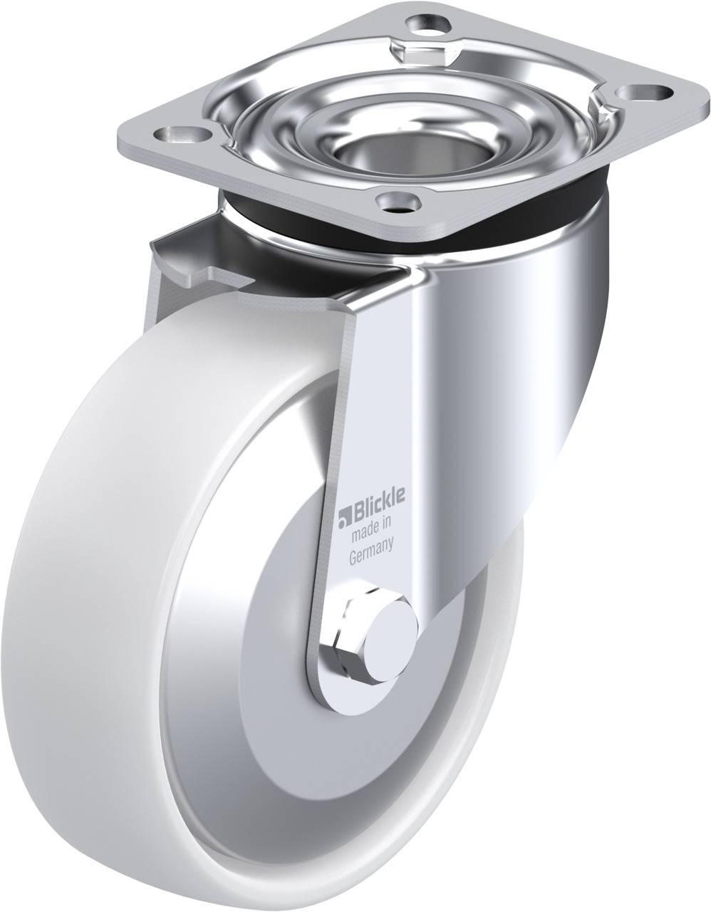 Metallisches Lenkrollengehäuse mit weißem Rad, geeignet zum Befestigen und Bewegen schwerer Lasten.