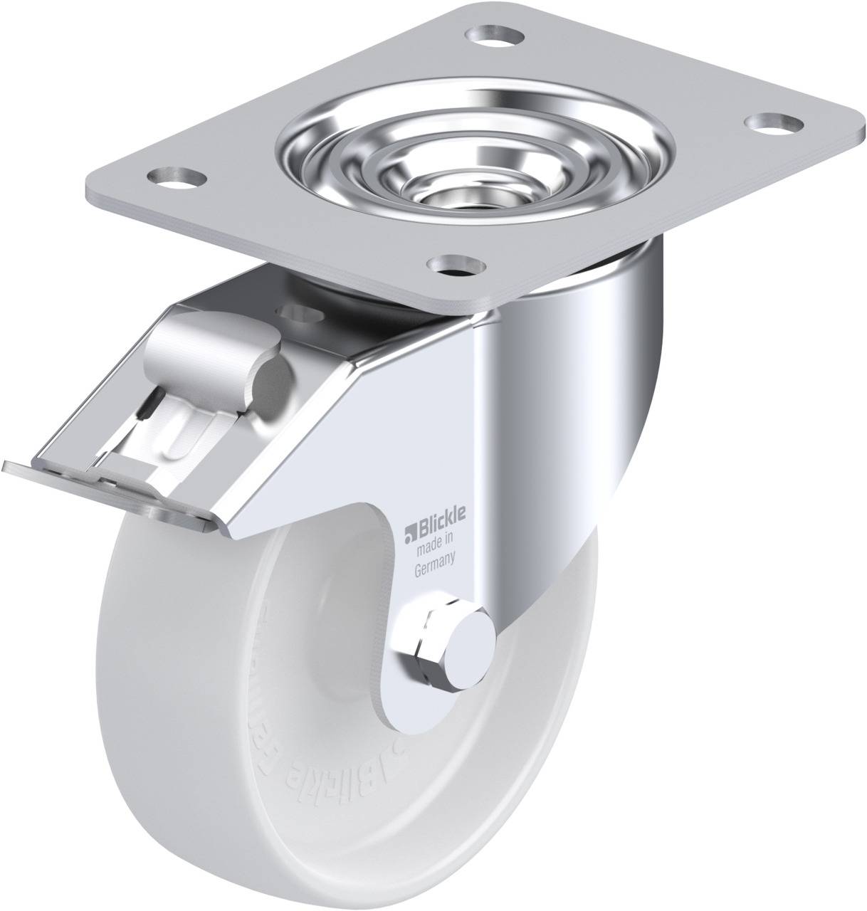 Schwenkrolle mit Metallplatte und weißem Rad, für Transportwagen geeignet. Hochwertiges, robustes Design, Edelstahlkomponenten.