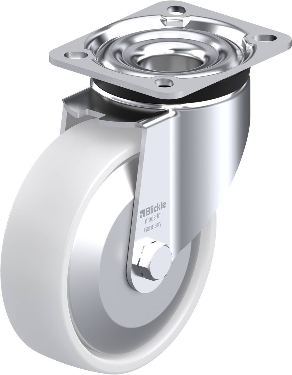 Eine robuste Lenkrolle aus Metall mit weißem Rad, geeignet für schwere Lasten. Hergestellt in Deutschland. Ideal für Industrieanwendungen.