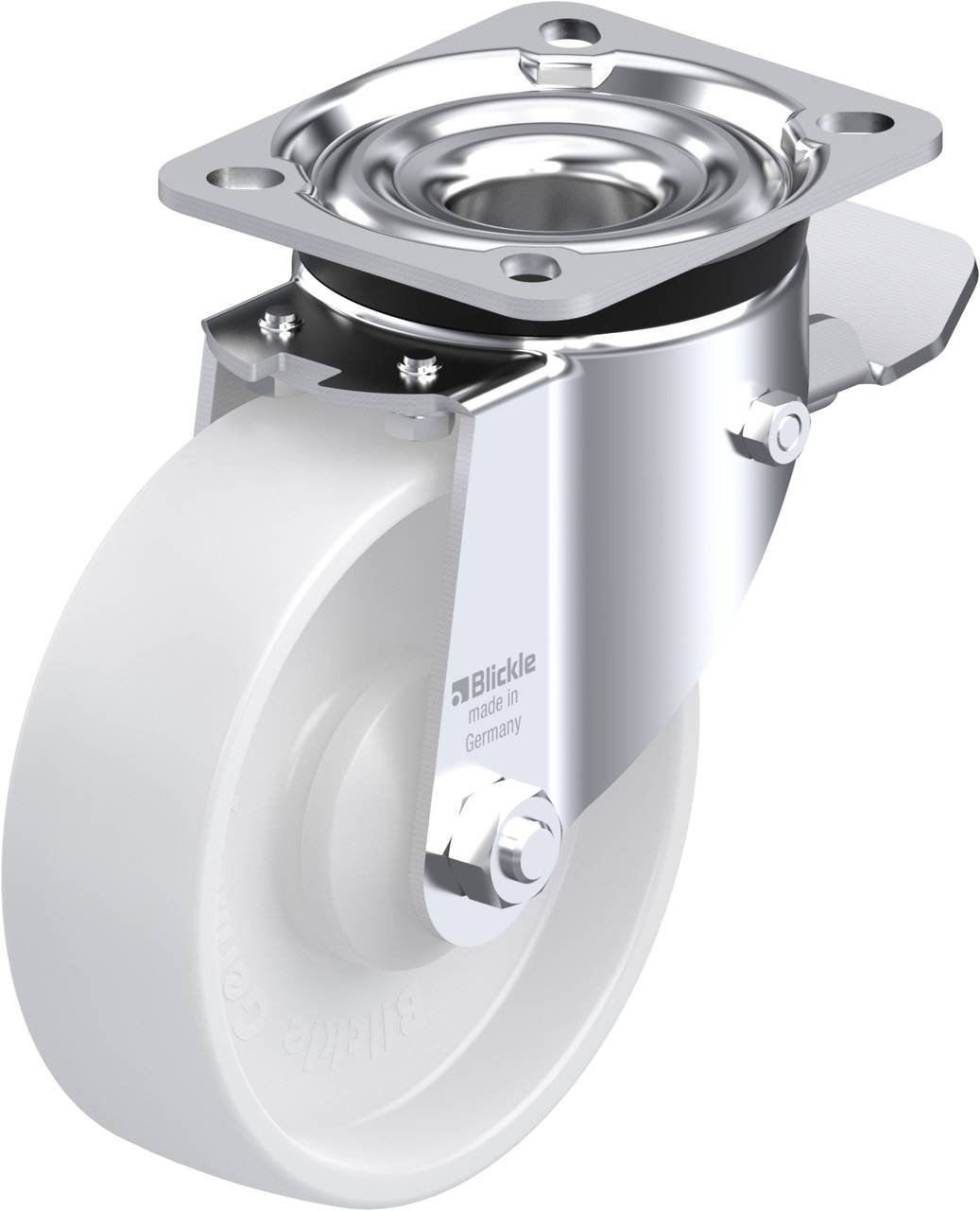 Schwenkrolle aus Metall mit weißem Kunststoffrad, geeignet für leichte Transporte. Marke und Ursprungsland aufgedruckt.