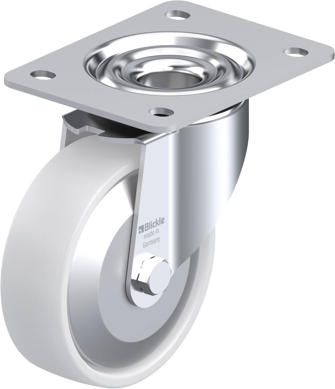 Schwenkrolle mit Metallhalterung und weißem Rad, geeignet für den Einsatz an Möbeln oder Transportgeräten, Blachplatte zur Befestigung.