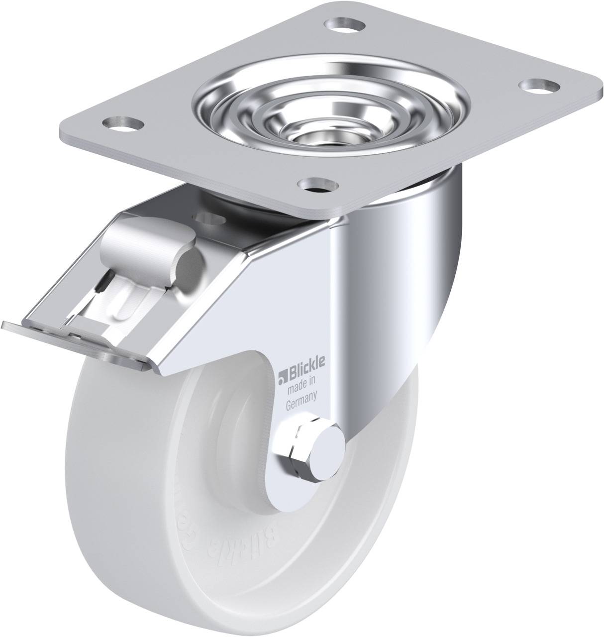 Eine robuste, silberne Lenkrolle mit weißem Rad, montierbar über eine viereckige Platte mit Löchern. Geeignet für industrielle Anwendungen.