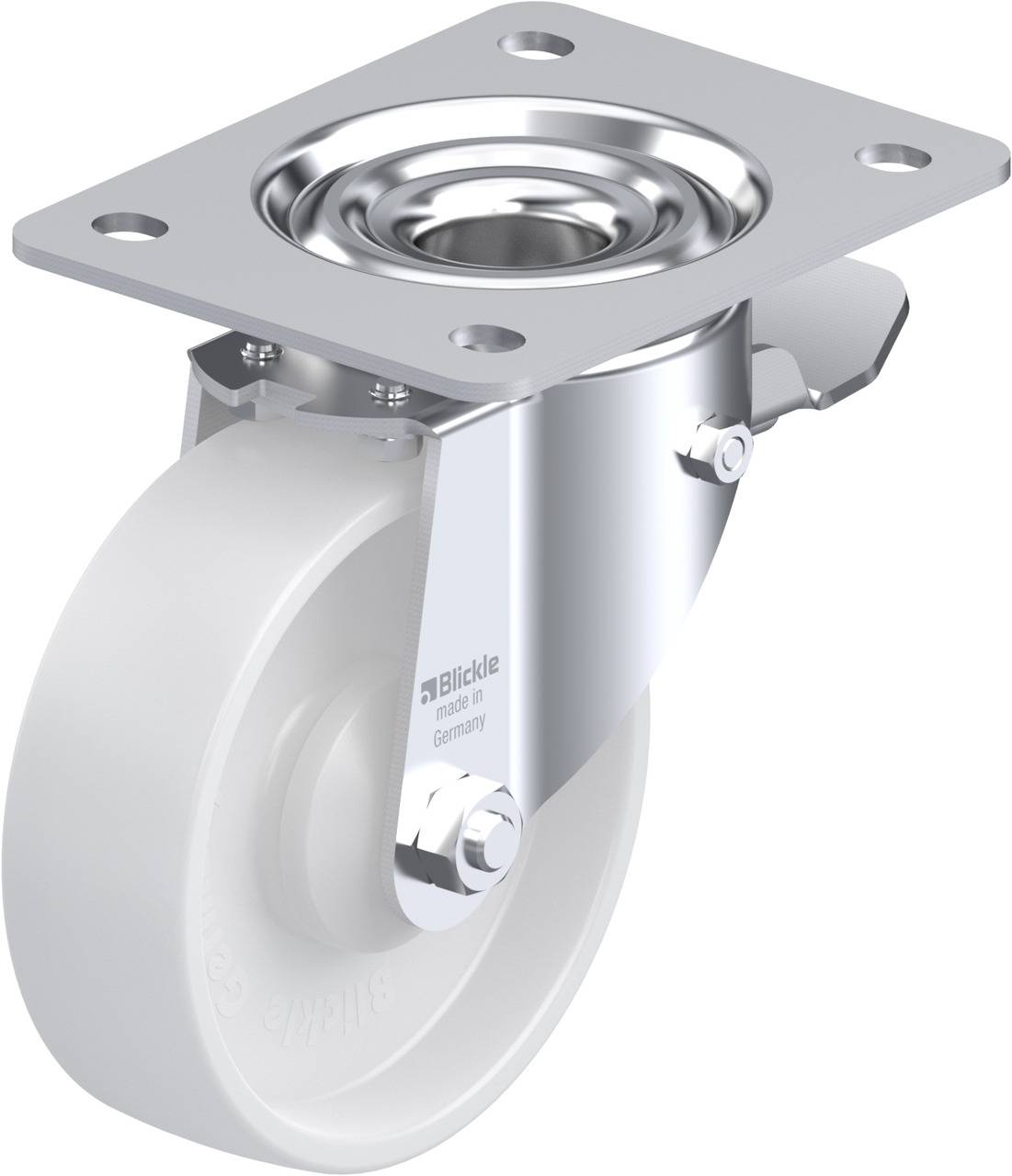 Schwenkrolle mit weißem Rad und silbernem Befestigungsgehäuse. Geeignet für den Einsatz an beweglichen Möbeln oder Geräten.