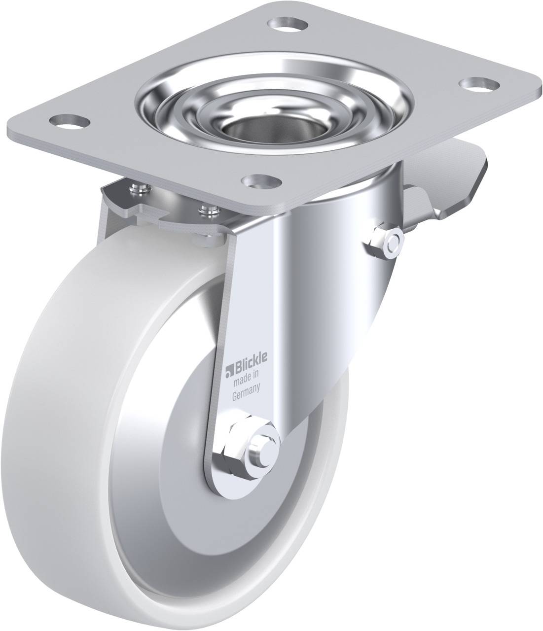 Schwenkrolle aus Metall mit grauem Gummirad und rechteckiger Montageplatte; geeignet für Möbel oder Transportgeräte.