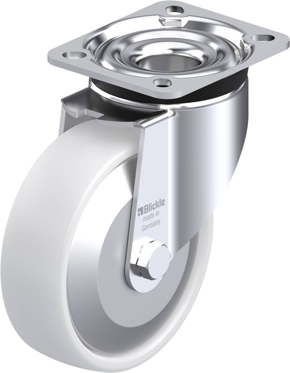 Metallisch silberne Lenkrolle mit weißem Rad. Gedruckter Text: 'Blickle made in Germany' zeigt Hersteller und Herkunft.