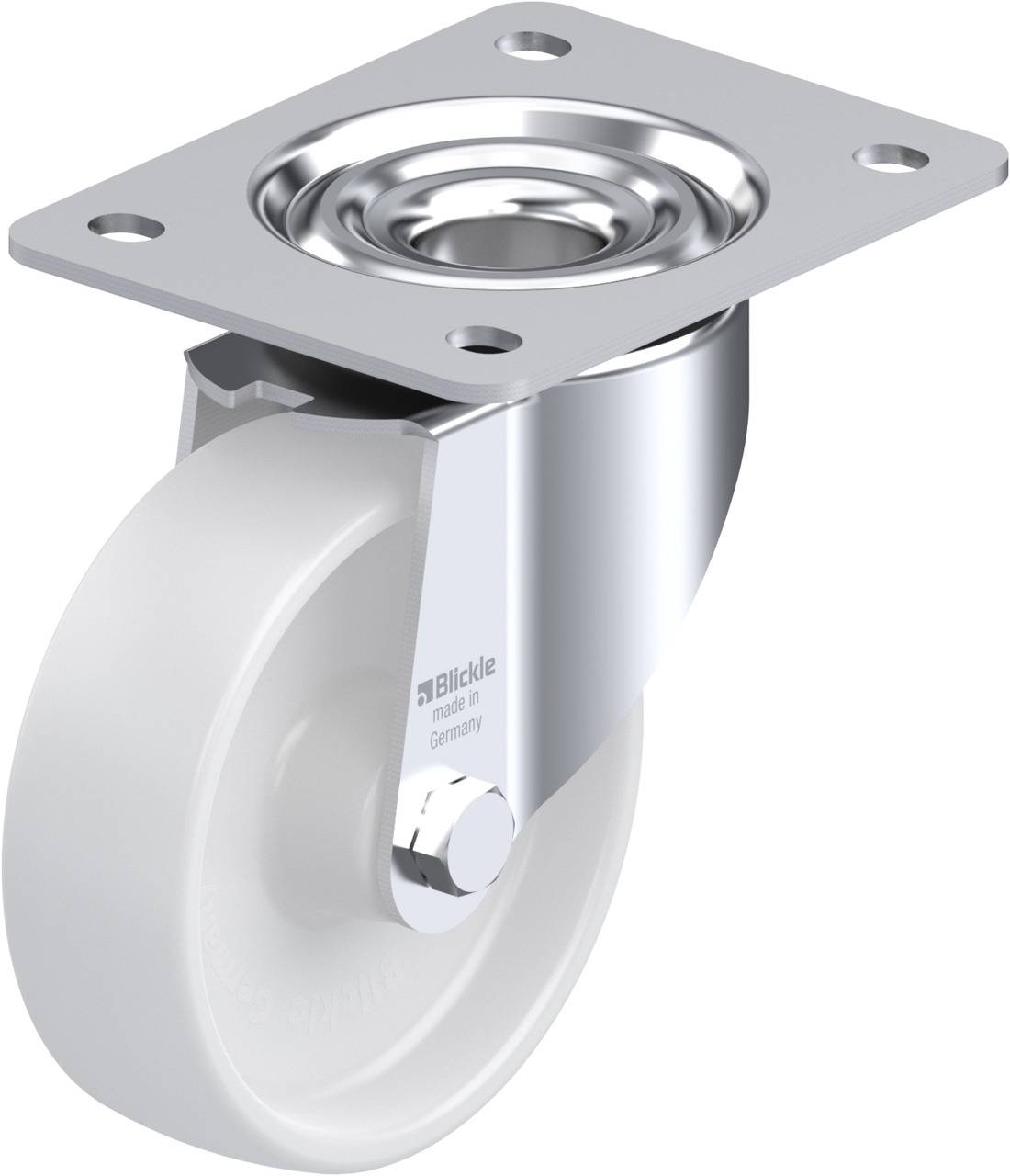 Metallene Lenkrolle mit weißem Rad und Befestigungsplatte, geeignet für glatte Böden und leichte bis mittlere Lasten.
