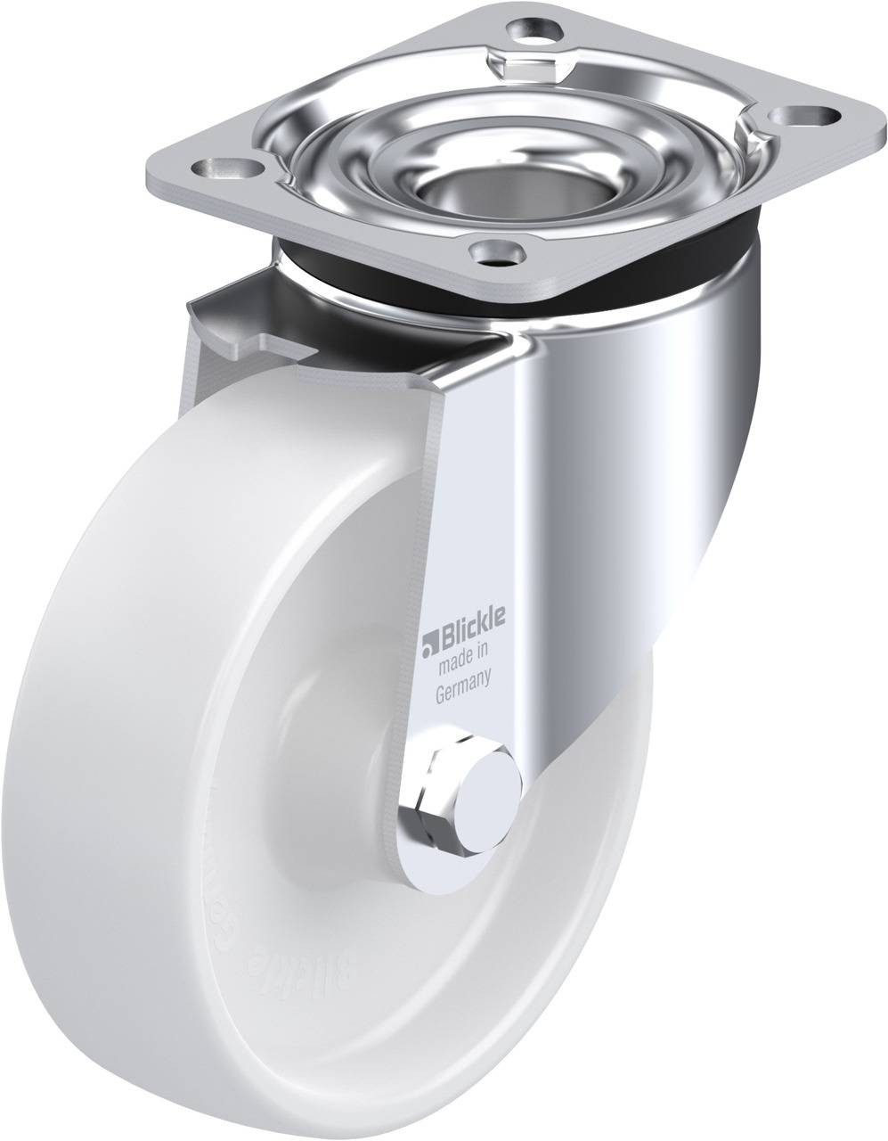 Industrie-Rolle aus Metall und Kunststoff, mit Drehlagerung und rechteckiger Befestigungsplatte. Ideal für schwere Lasten.