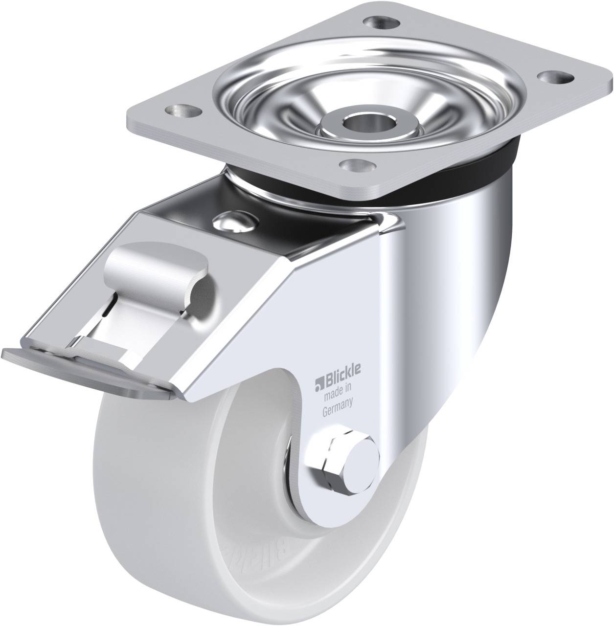 Schwenkrolle aus Metall mit weißem Rad und Befestigungsplatte, geeignet für Möbel oder Geräte. Hochglanz-Finish, robustes Design.