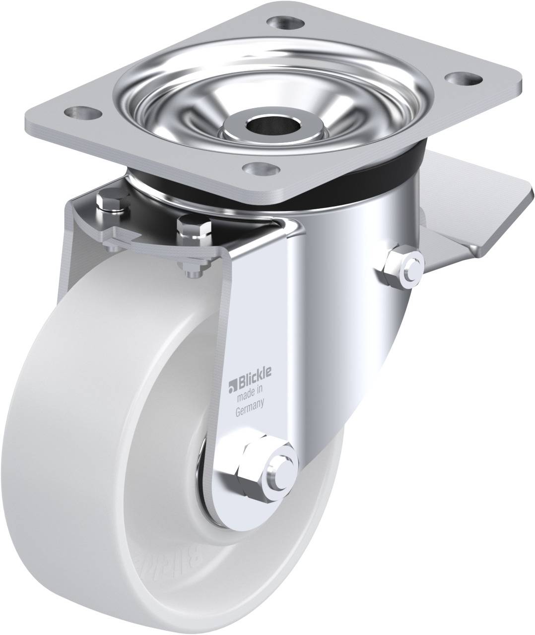 Metallenes Lenkrolle mit weißem Rad und silberner Halterung. Oben Befestigungsplatte zur Montage. Geeignet für Möbel oder Apparate.