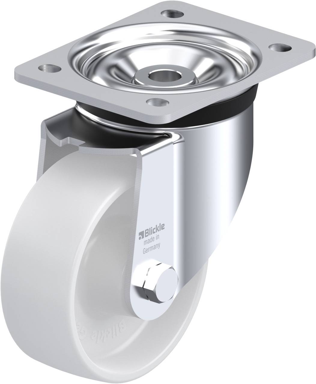 Rolle mit Metallgehäuse und weißem Rad, geeignet für Möbel oder Transportgeräte. Edelstahloberfläche und robustes Design.