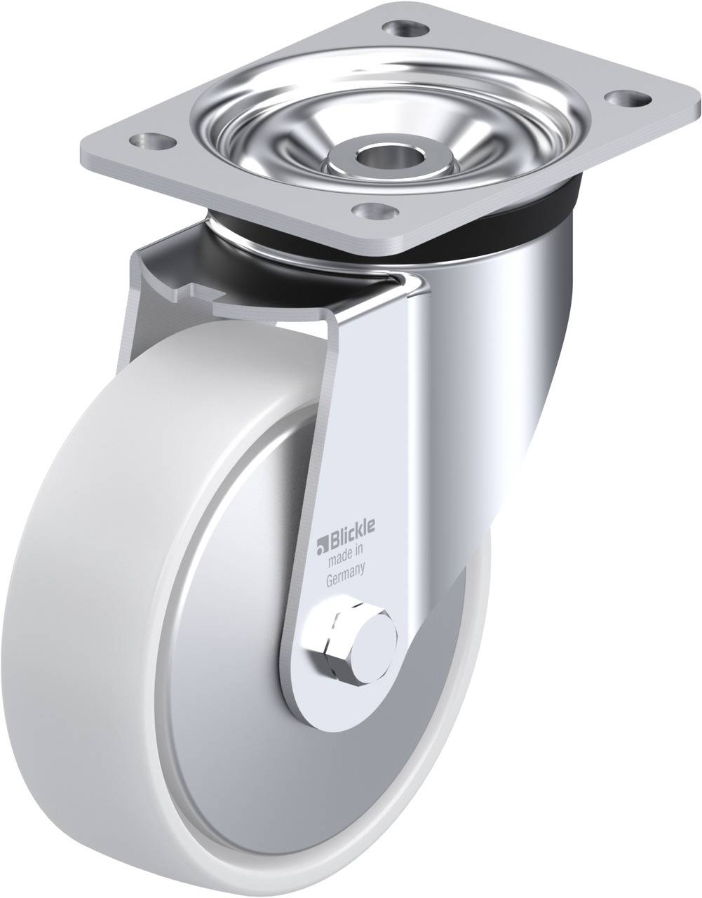 Industrie-Lenkrolle aus Metall mit grauem Rad, montierbar an Möbel oder Geräte für reibungslose Mobilität und Ausrichtung.