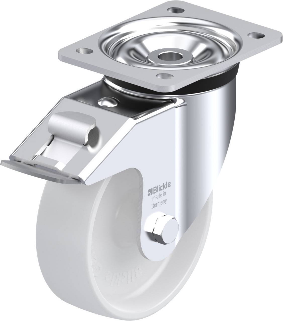 Rolle aus Metall und Kunststoff mit festem Montageplatte, geeignet für Industrieanwendungen. Blank polierte Oberfläche.