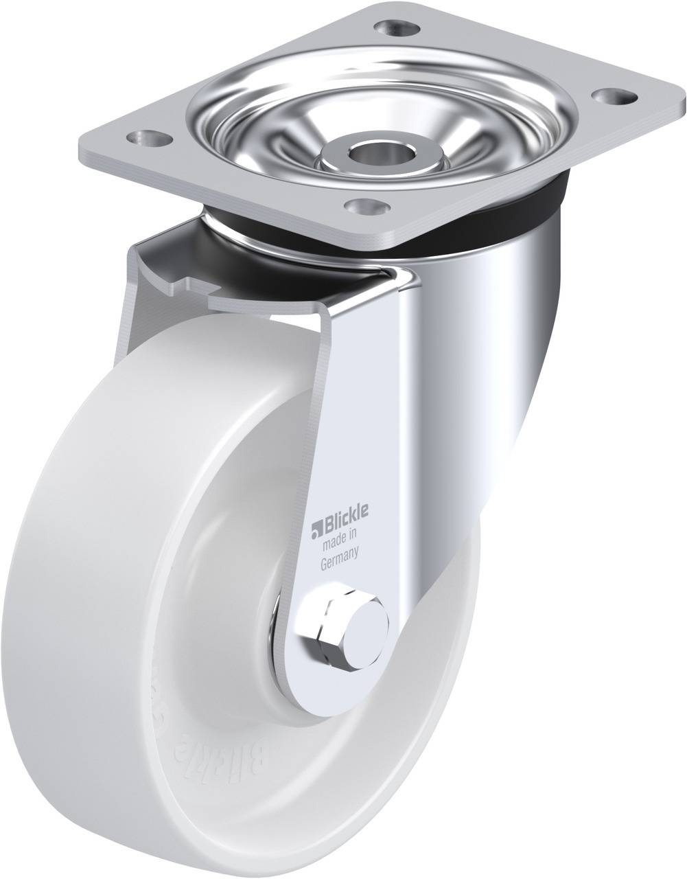 Rolle mit Metallhalterung, geeignet für Möbel oder Transportgeräte. Weißes Rad mit glänzendem Metallrahmen und Befestigungsplatte.