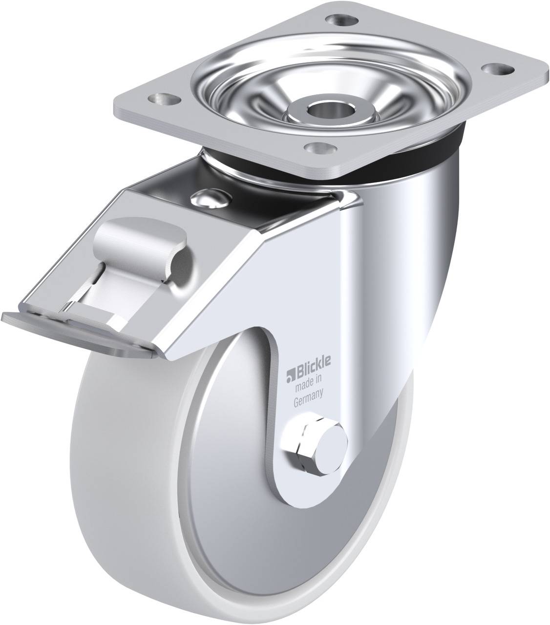 Metallenes Lenkrolle mit breitem weißen Rad und Befestigungsplatte, geeignet für industrielle Anwendungen.