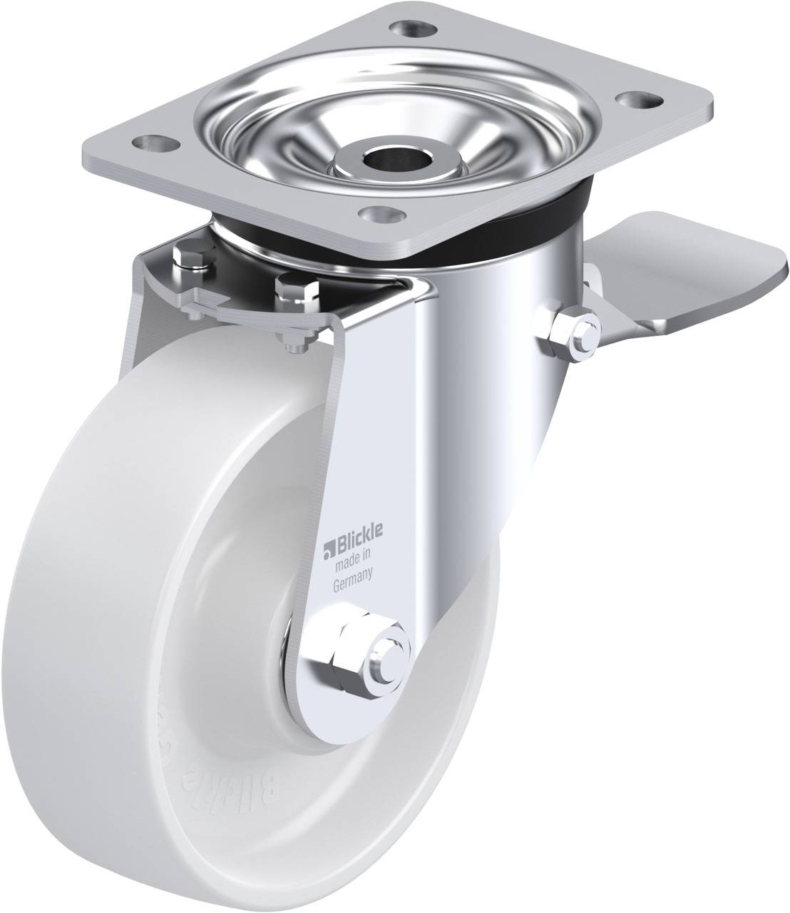 Das Bild zeigt eine robuste Lenkrolle mit Metallgehäuse und weißem Rad, geeignet für industrielle Anwendungen.
