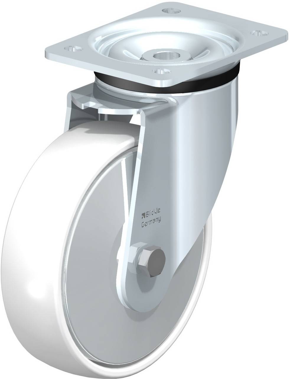 Silbernes, drehbares Lenkrollenrad mit weißem Reifen, geeignet für Transportgeräte.