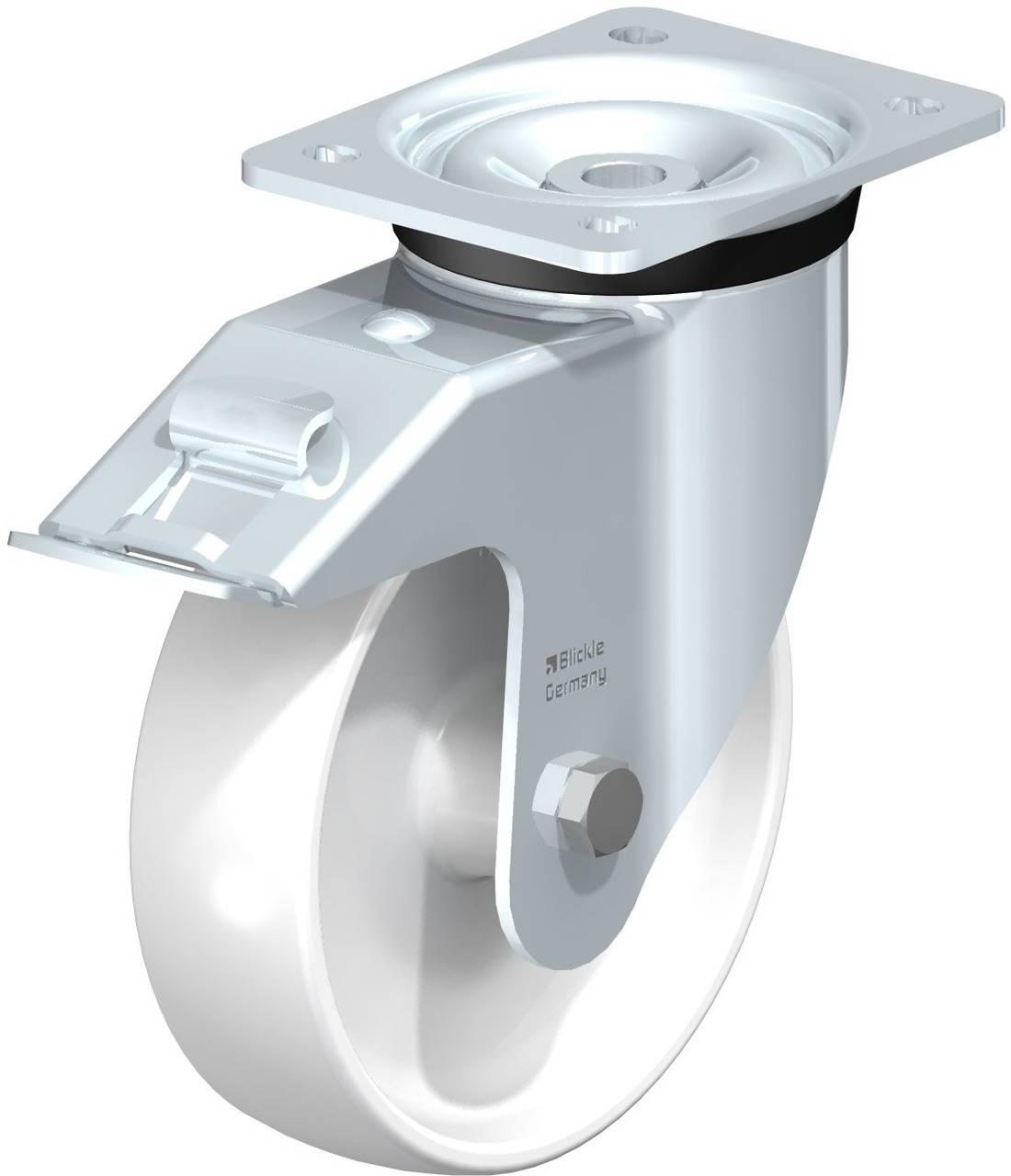 Metalllenkrolle mit weißem Rad und Befestigungsplatte, geeignet für den Einsatz an Möbeln oder Transportwagen.