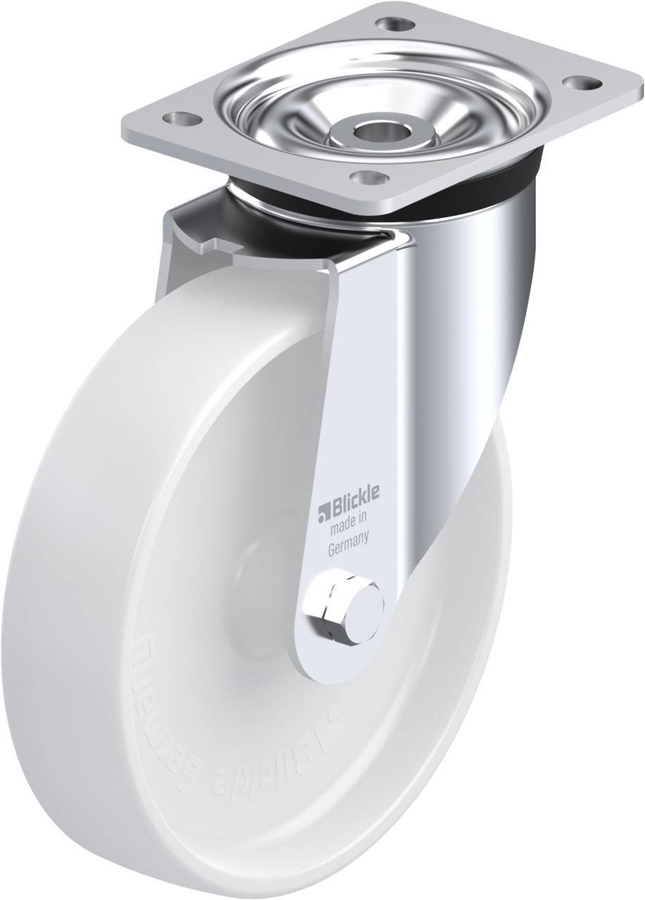 Lenkrolle mit weißem Rad und silbernem Gehäuse, geeignet für leichte bis mittlere Belastungen, hergestellt in Deutschland.