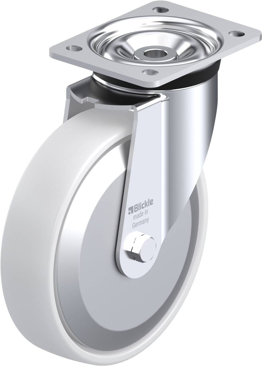Ein silbernes Lenkrollenrad mit weißem Rad und Montageplatte, geeignet für industrielle Anwendungen.