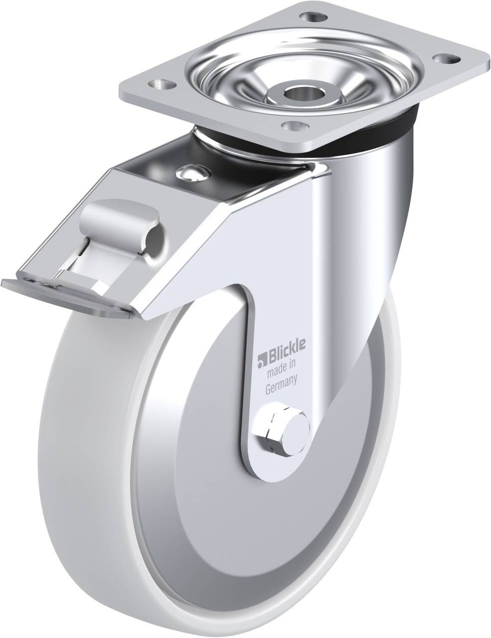 Blickle-Rolle mit Platte und Bremse, glänzende Metalloberfläche, robuste Konstruktion, Produkt aus Deutschland.