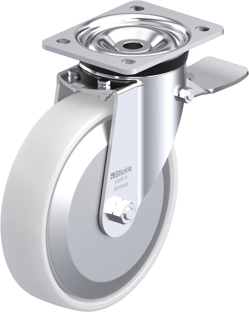 Hochwertiges Lenkrolle mit Halterung und grauem Rad, geeignet für industrielle Anwendungen, glänzende Metalloberfläche, 