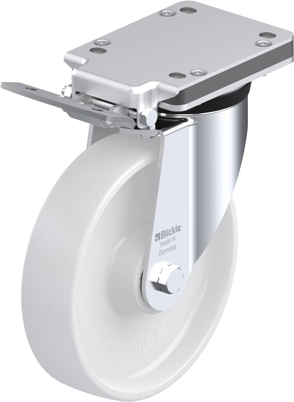 Metallradrolle mit grauem Rad aus Kunststoff und Befestigungsplatte. Wird zur Montage an Möbel oder Wagen verwendet.