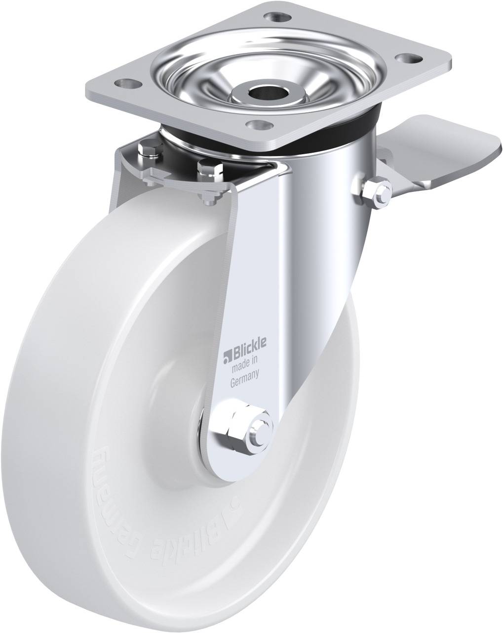 Schwenkrolle mit weißem Rad, oben ein drehbares Metallgehäuse mit Befestigungsplatte und Bremse; Aufschrift 'Blickle, made in Germany'.