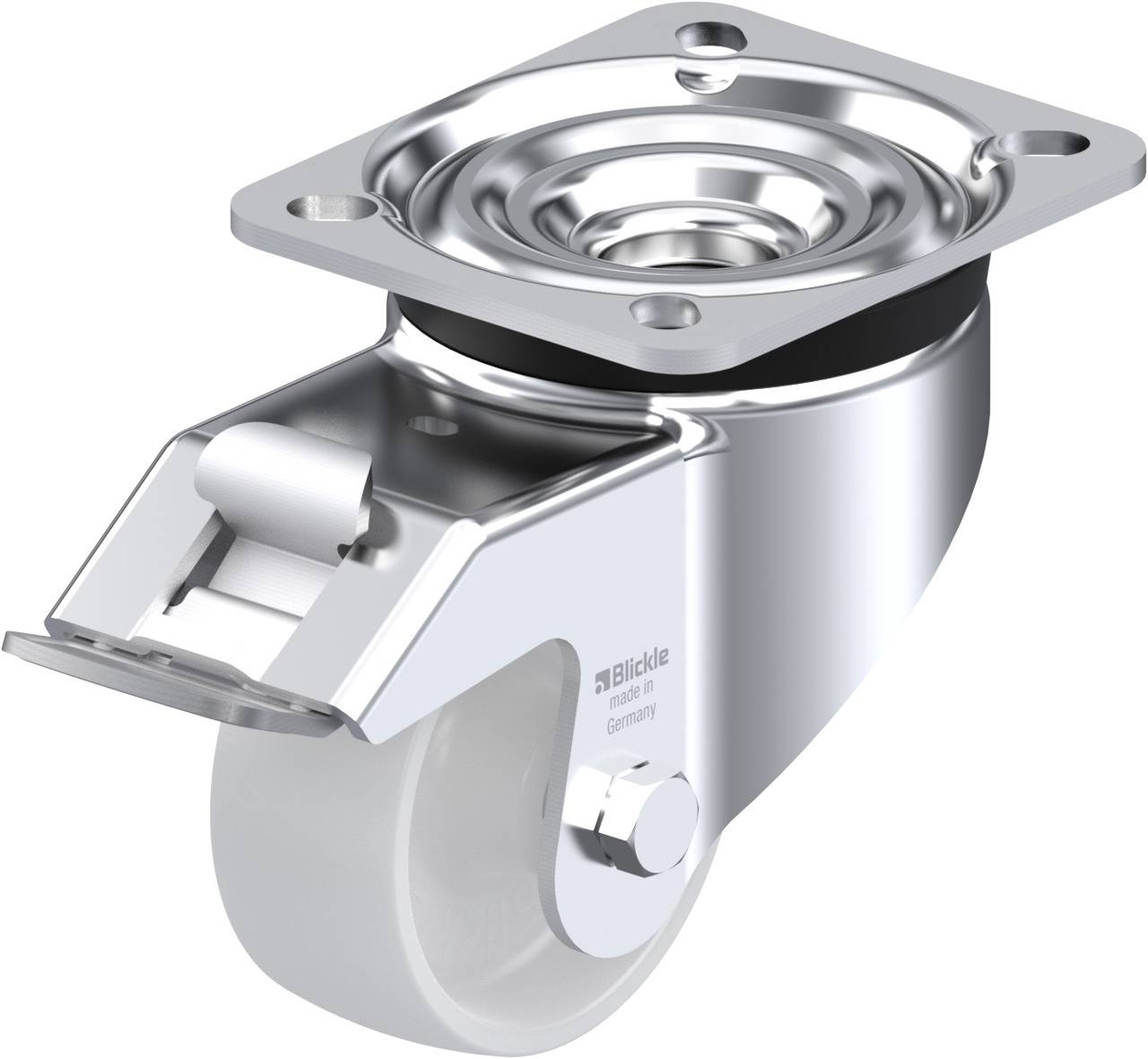 Metallischer Lenkrolle mit grauem Rad und Halterung, vermutlich für Möbel oder Transportgeräte. Markenaufdruck auf der Seite.