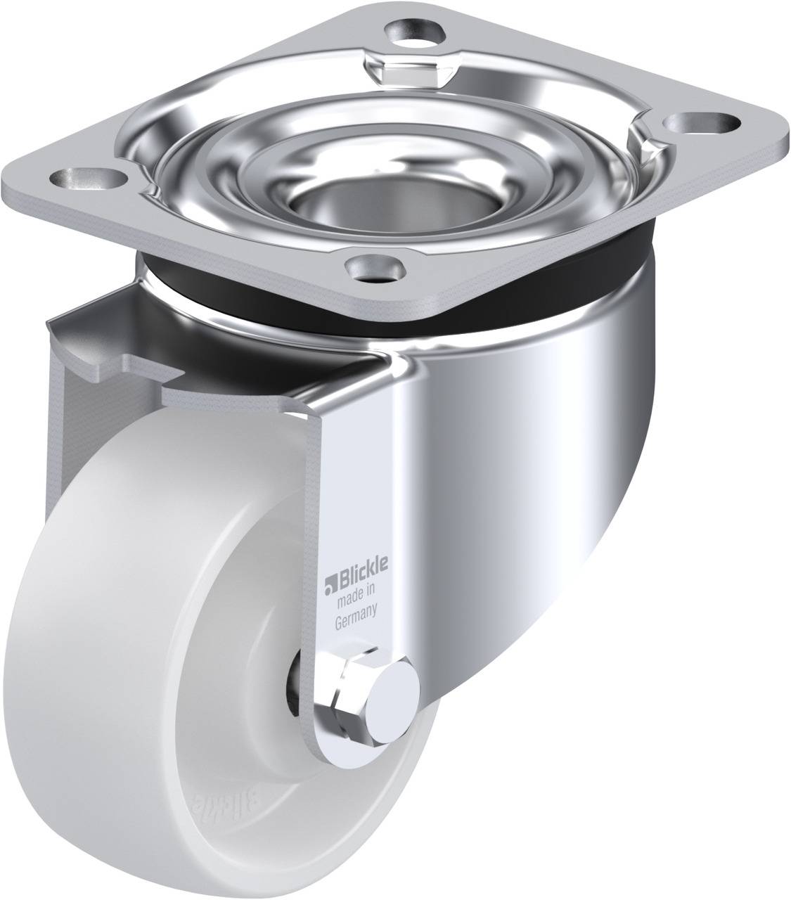 Industrie-Rolle aus Metall mit weißem Rad und rechteckiger Montageplatte, geeignet für schwere Lasten.