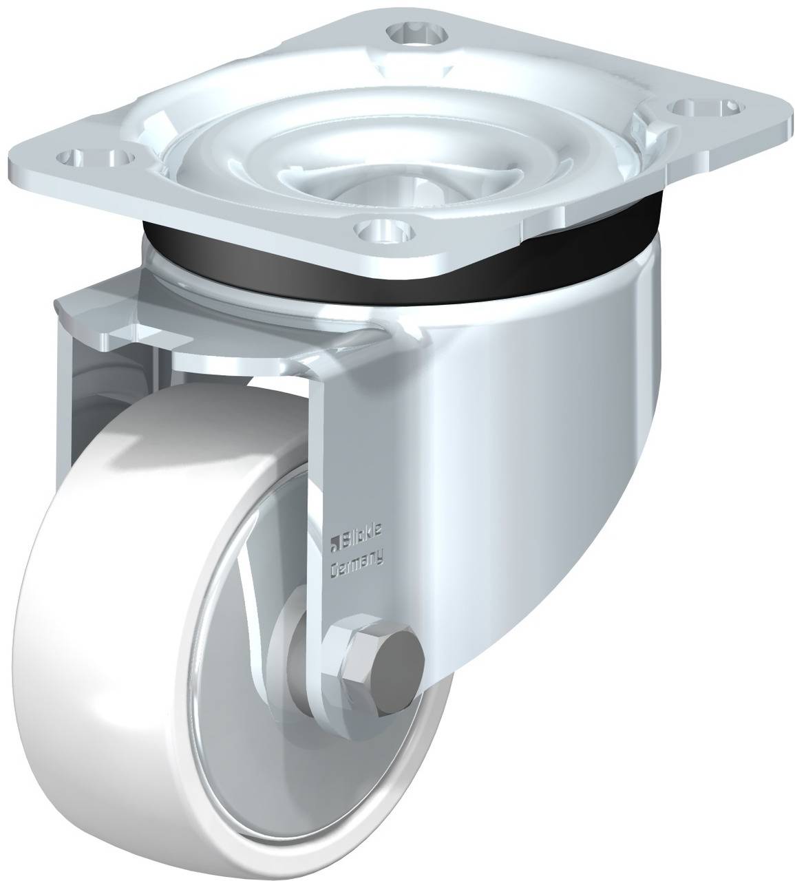 Metallisches Schwenkrad mit weißem Rad und Befestigungsplatte, geeignet für industrielle Anwendungen und Möbel.