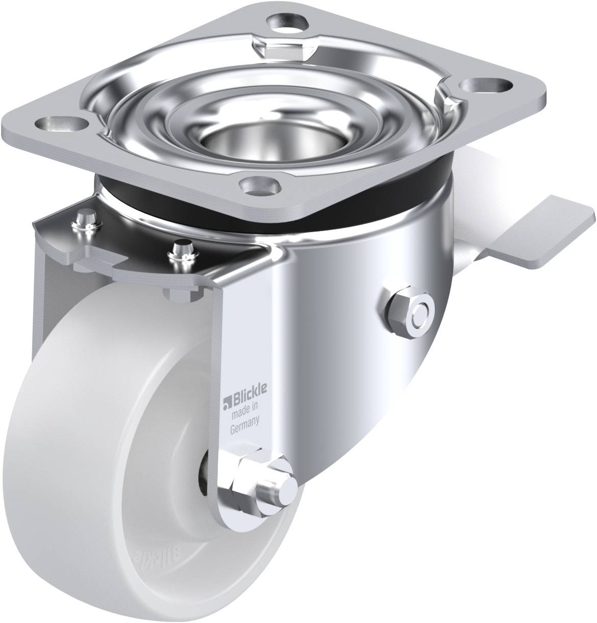 Rollenrad aus Metall mit weißem Kunststoffrad, geeignet für Möbel oder Transportgeräte. Vorderansicht zeigt eine drehbare Halterung.