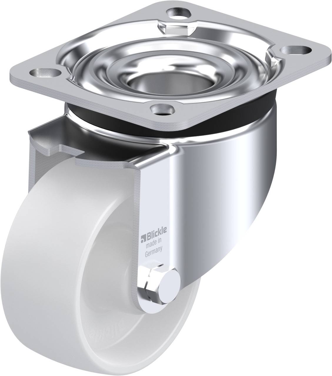 Metallrahmen mit weißem Rad, geeignet für Transportgeräte oder Möbel, zeigt montierte Rolle mit Drehgelenk.