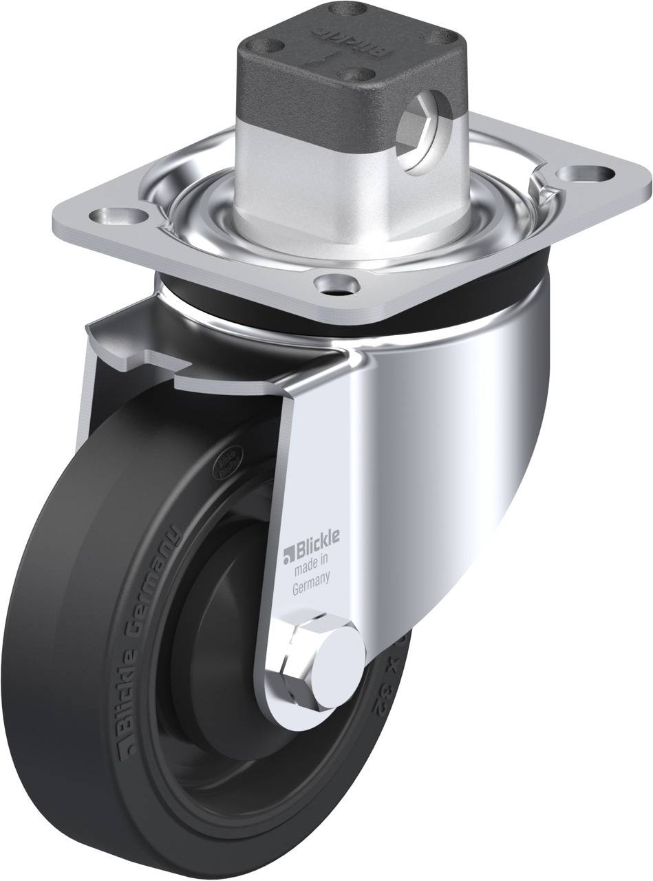 Schwenkrolle aus Metall mit schwarzem Gummirad, einem silbernen Gehäuse und einer Befestigungsplatte.