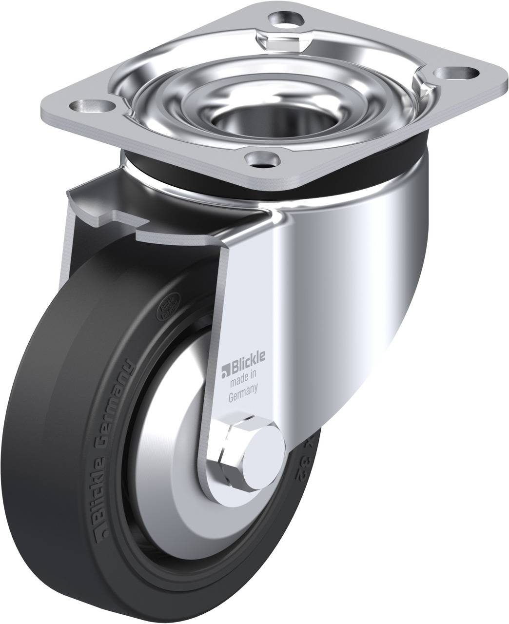 Laufrolle mit Metallplatte und schwarzem Rad, geeignet für leichte bis mittlere Lasten. Text 'Blickle made in Germany' auf dem Rad.
