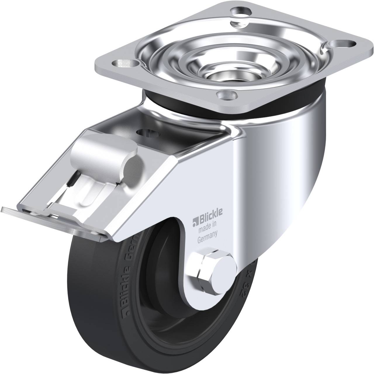 Hochleistungs-Rollenrad mit silbernem Metallgehäuse, schwarzem Rad und Drehplatte, geeignet für schwere Lasten und industrielle Anwendungen.