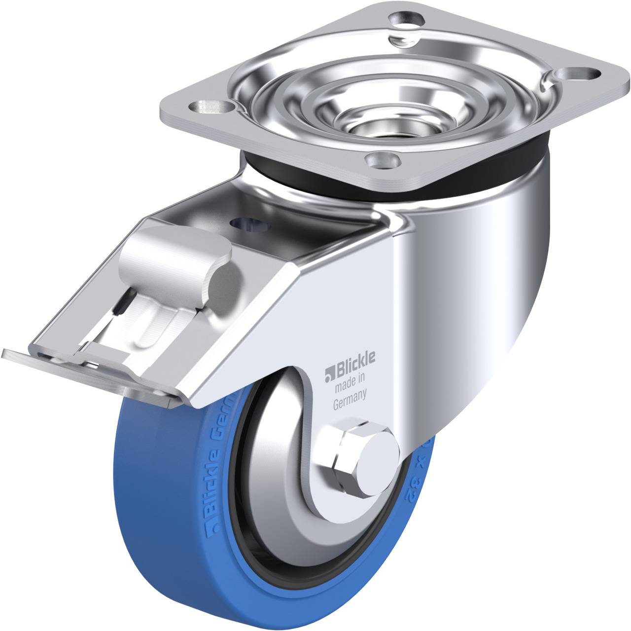 Schwenkrolle aus Metall mit blauer Gummireifen. Geeignet für den Einsatz an Transportwagen oder Möbeln. Markiert als 'Blickle'.