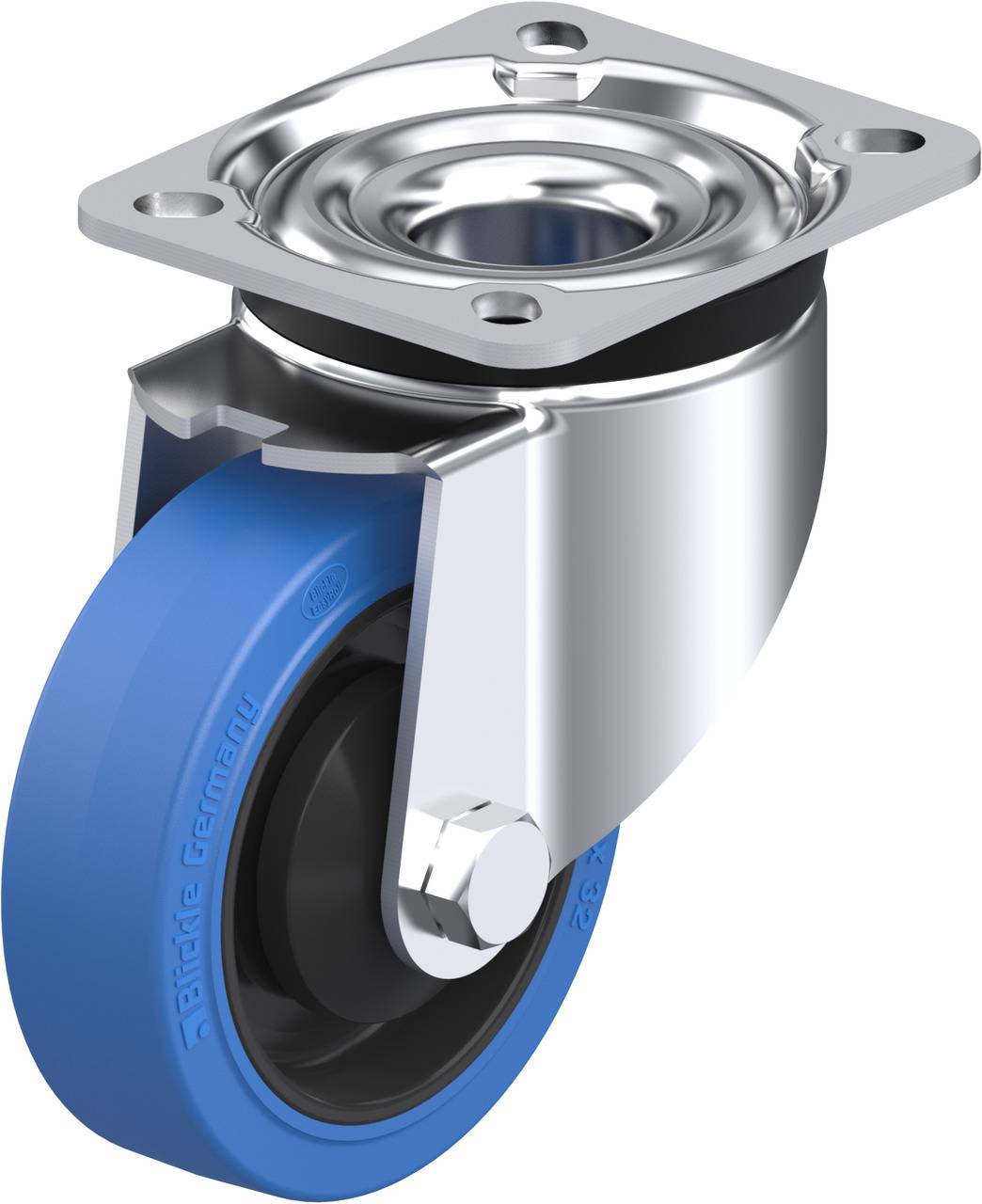 Ein drehbares Möbelrad mit blauem Gummireifen und Metallgehäuse, geeignet für die Montage an Möbeln oder Geräten zur einfachen Bewegung.
