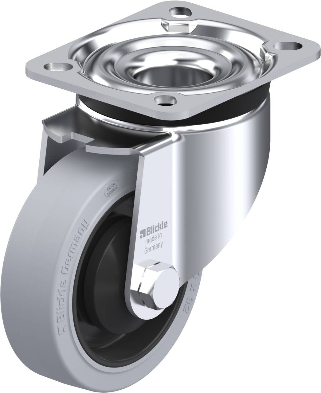 Metallisches Lenkrolle mit grauem Kunststoffrad und Befestigungsplatte, geeignet für den Einsatz bei Transportwagen.