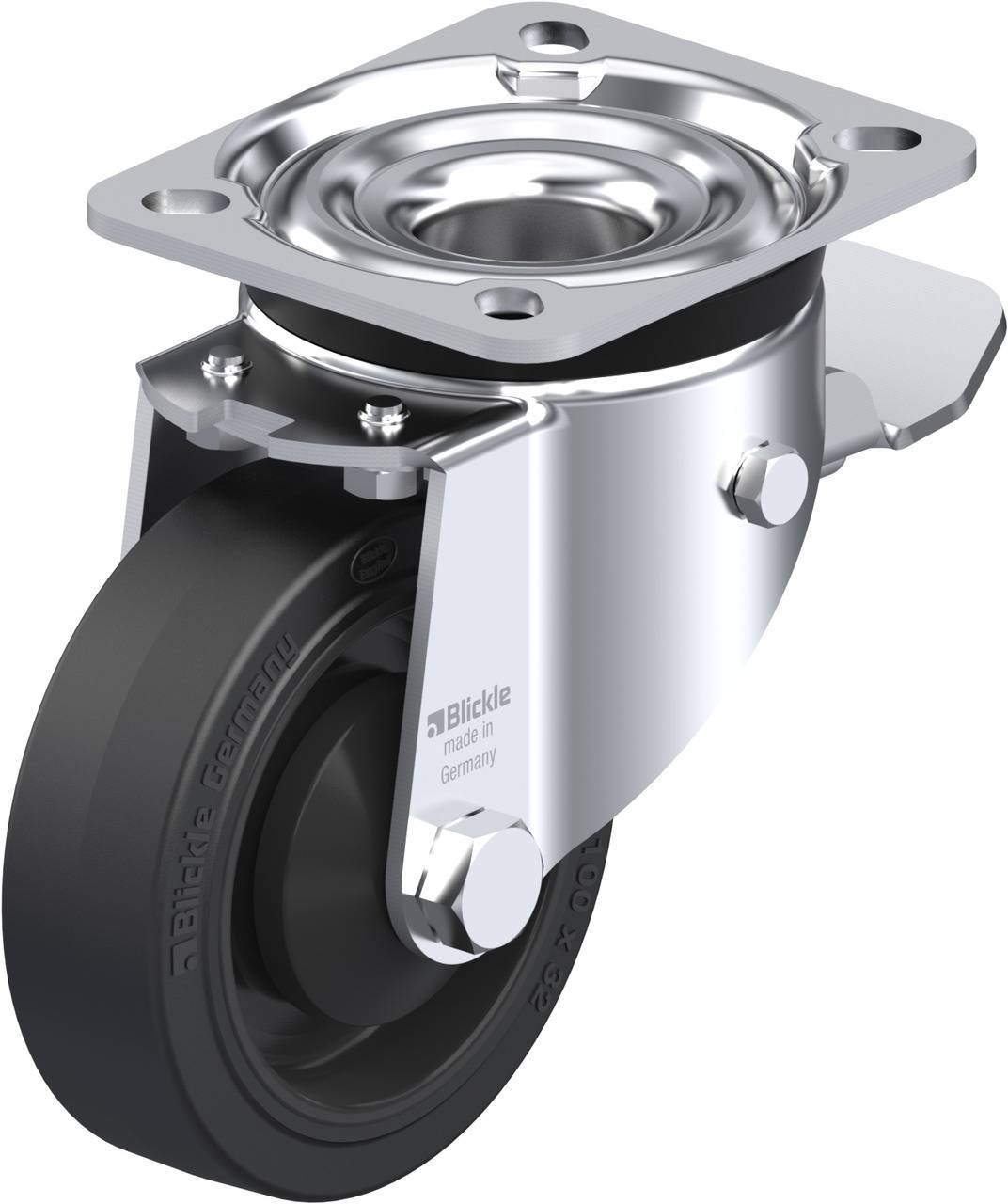 Graues Lenkrolle mit schwarzem Rad aus Kunststoff und Metallgehäuse, geeignet für industrielle Anwendungen.