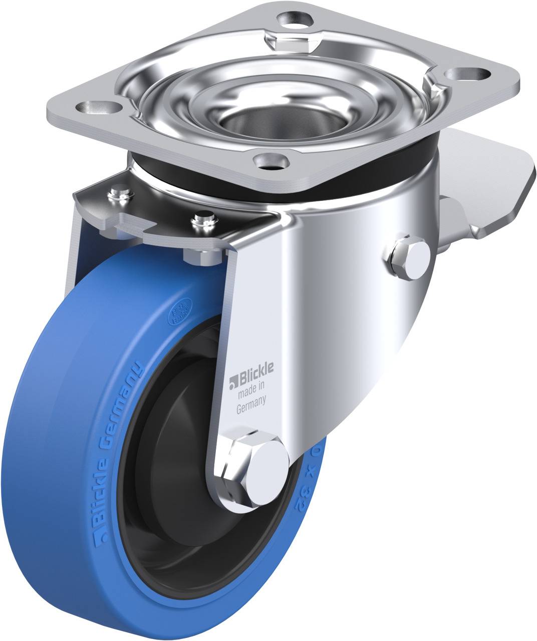 Metallisches Schwenkrollenrad mit blauem Gummireifen und Metallscheibe. Aufschrift: 'Blickle, Made in Germany'.