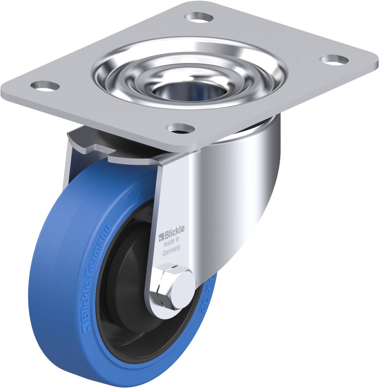 Industrielle Lenkrolle mit blauem Rad und silberner Metallhalterung, geeignet für schwere Lasten in Lagerumgebungen.