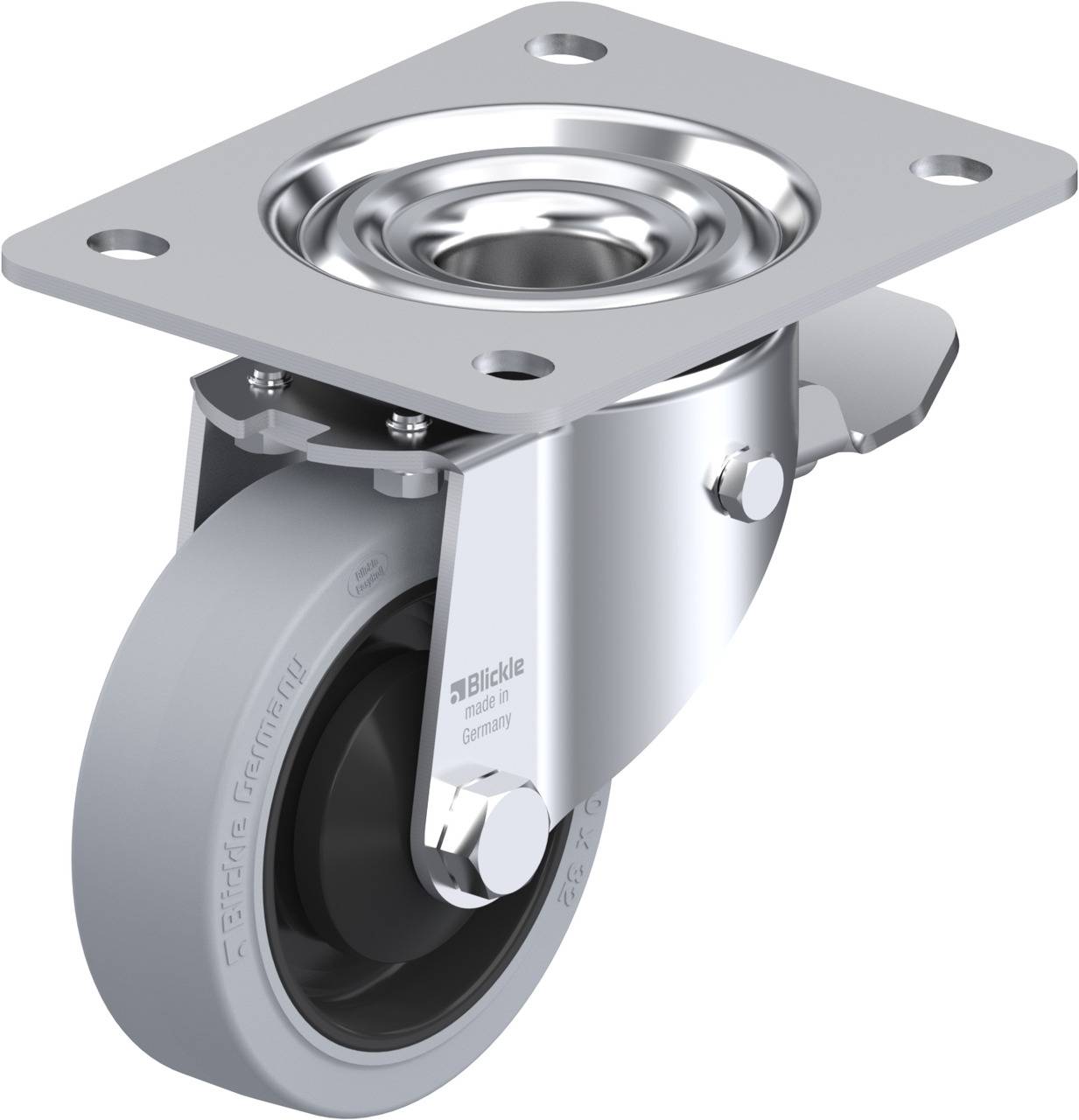 Schwenkrolle mit grauem Rad und Metallgehäuse, geeignet für Transportwagen. Stabil und drehbar für flexible Bewegung.