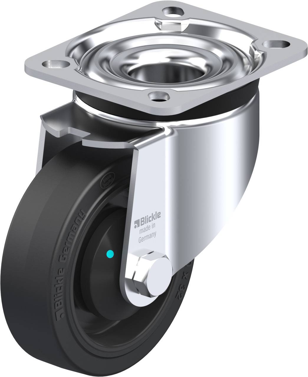 Schwenkrolle aus Metall mit schwarzem Rad, geeignet für industrielle Anwendungen. Text auf Rolle: 'Blickle, Made in Germany'.
