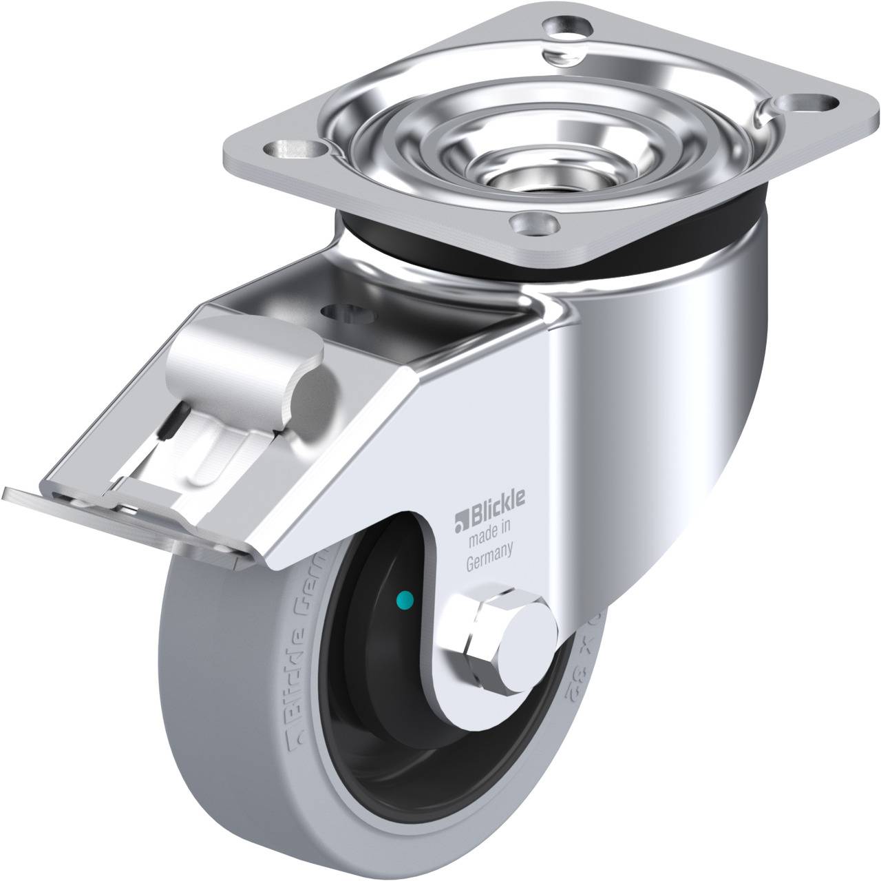 Metallenes Lenkrollengehäuse mit grauem Rad, geeignet für Industriemaschinen. Aufschrift 'Blickle made in Germany' sichtbar.