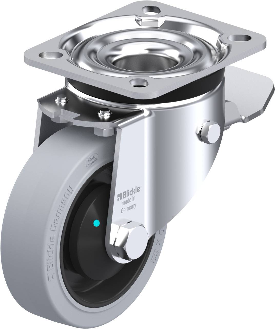 Grauer Lenkrad mit Metallgehäuse und Halterung. Inschrift auf Rad: 'Blickle made in Germany'.