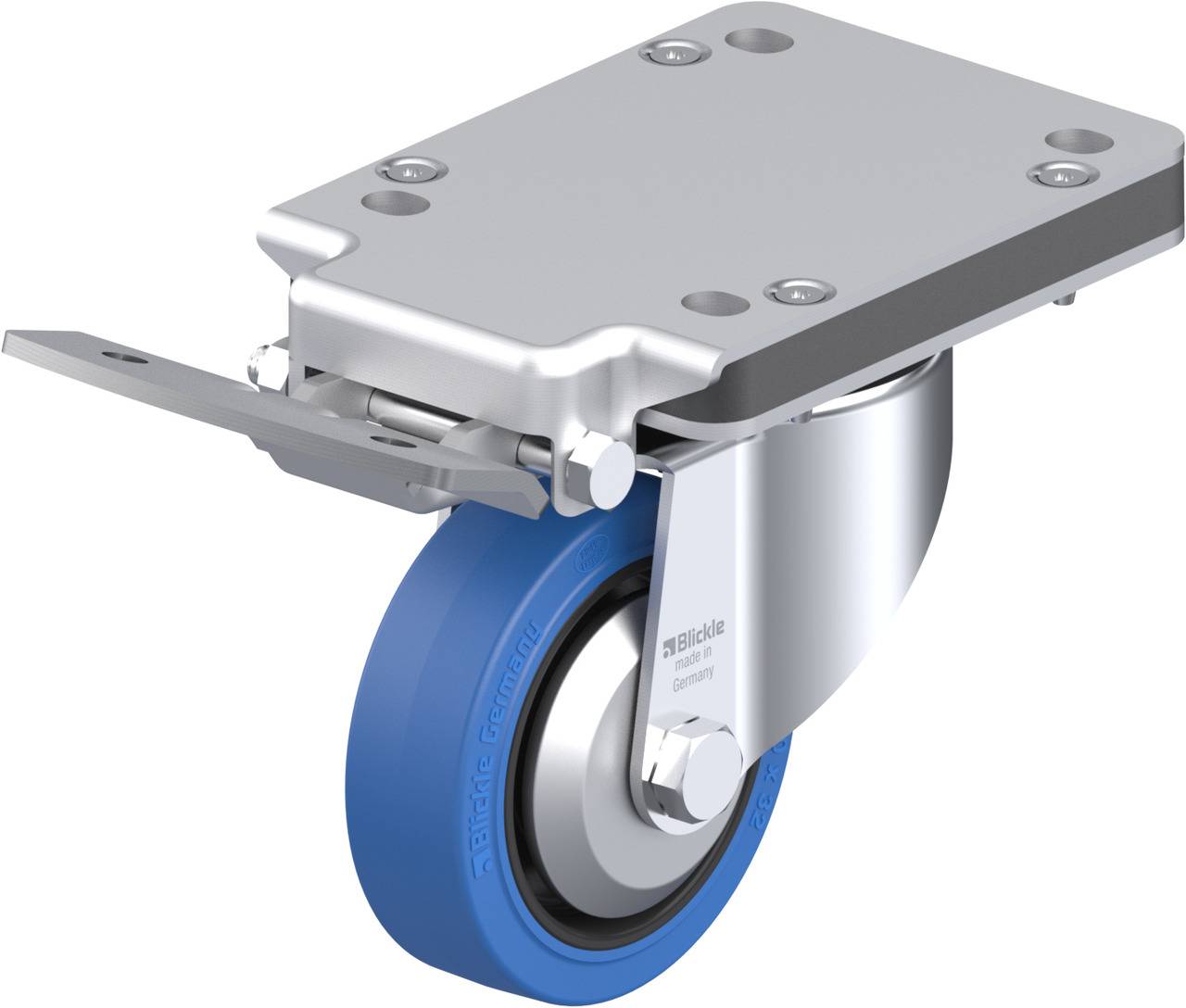 Industrie-Lenkrolle mit blauem Rad, Metallrahmen und Schwenkmechanismus. Fördert Mobilität und Flexibilität schwerer Gegenstände.